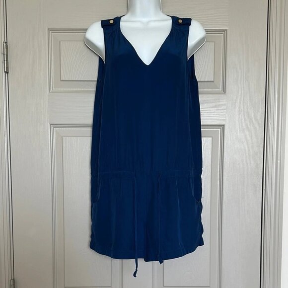 Amanda Uprichard Women’s Navy 100% Silk Sleeveless Tie Waist V-Neck Romper Sz S - Picture 5 of 10